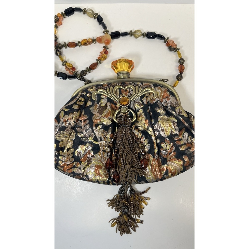 Mary Frances Beaded Fringe Black Leather Gold Hand Painted Purse Shoulder Bag